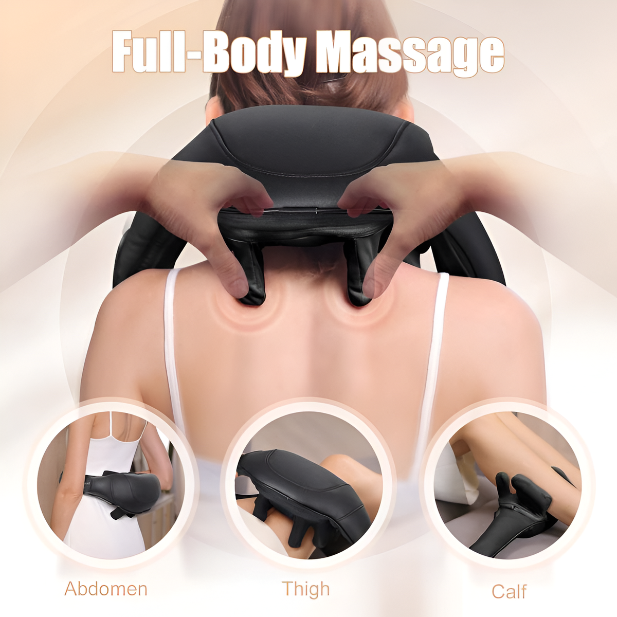 The massager worn over the shoulders, with close-ups of it held against the abdomen, thigh and calf