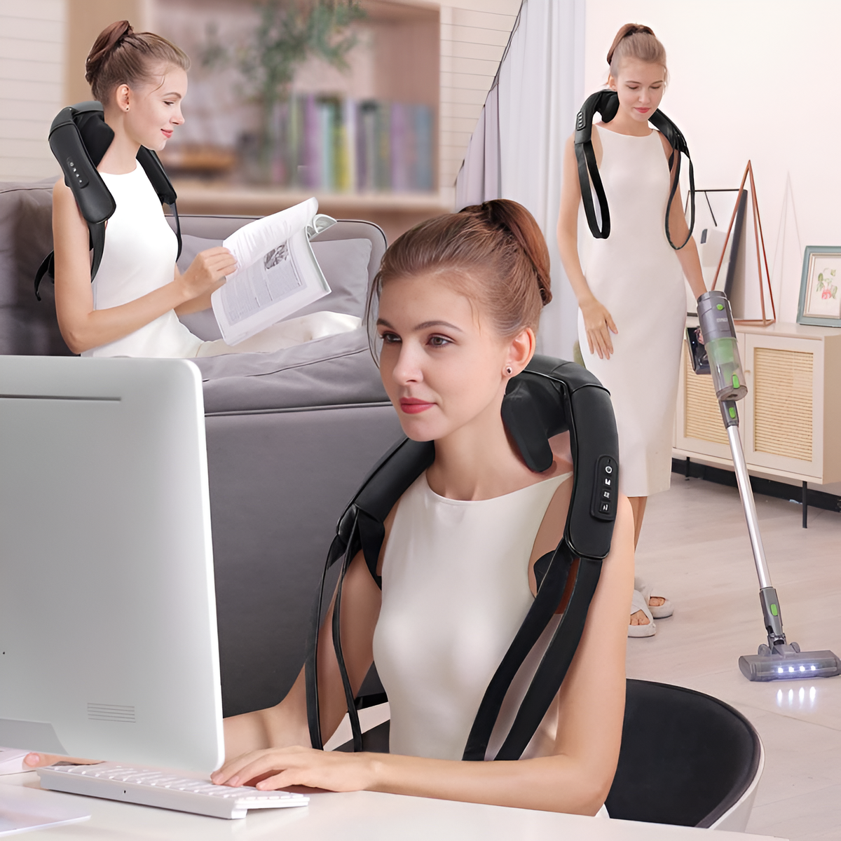 The black neck massager worn hands-free at a desk, on a sofa and while standing