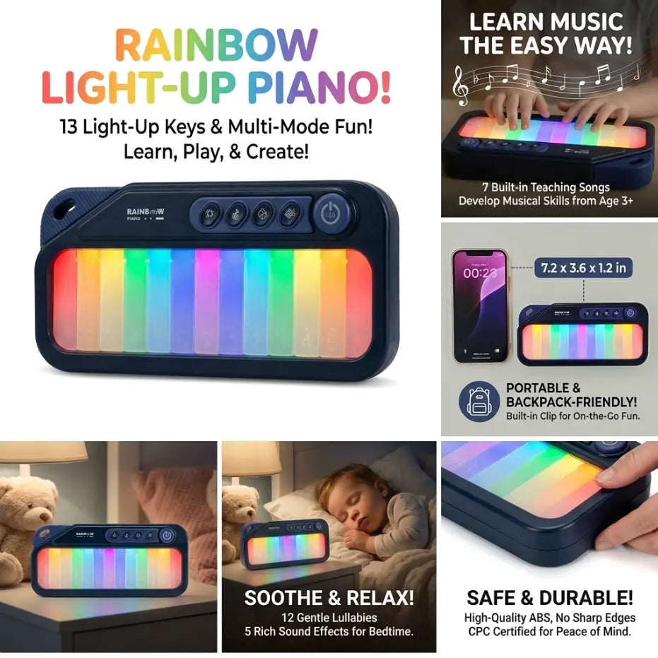 Kids Mini Piano Toy W/Rainbow Lights, Toddler Pocket Travel Piano Keyboard for 1-3, Portable Musical Instrument Toys, Music Interactive, 13Keys |5 Sound Effects, 3 Light Modes, 12Lullabies, 7 Teaching Songs, Birthday Gift 2 4 5 6 Year Old Boy Girl summerv