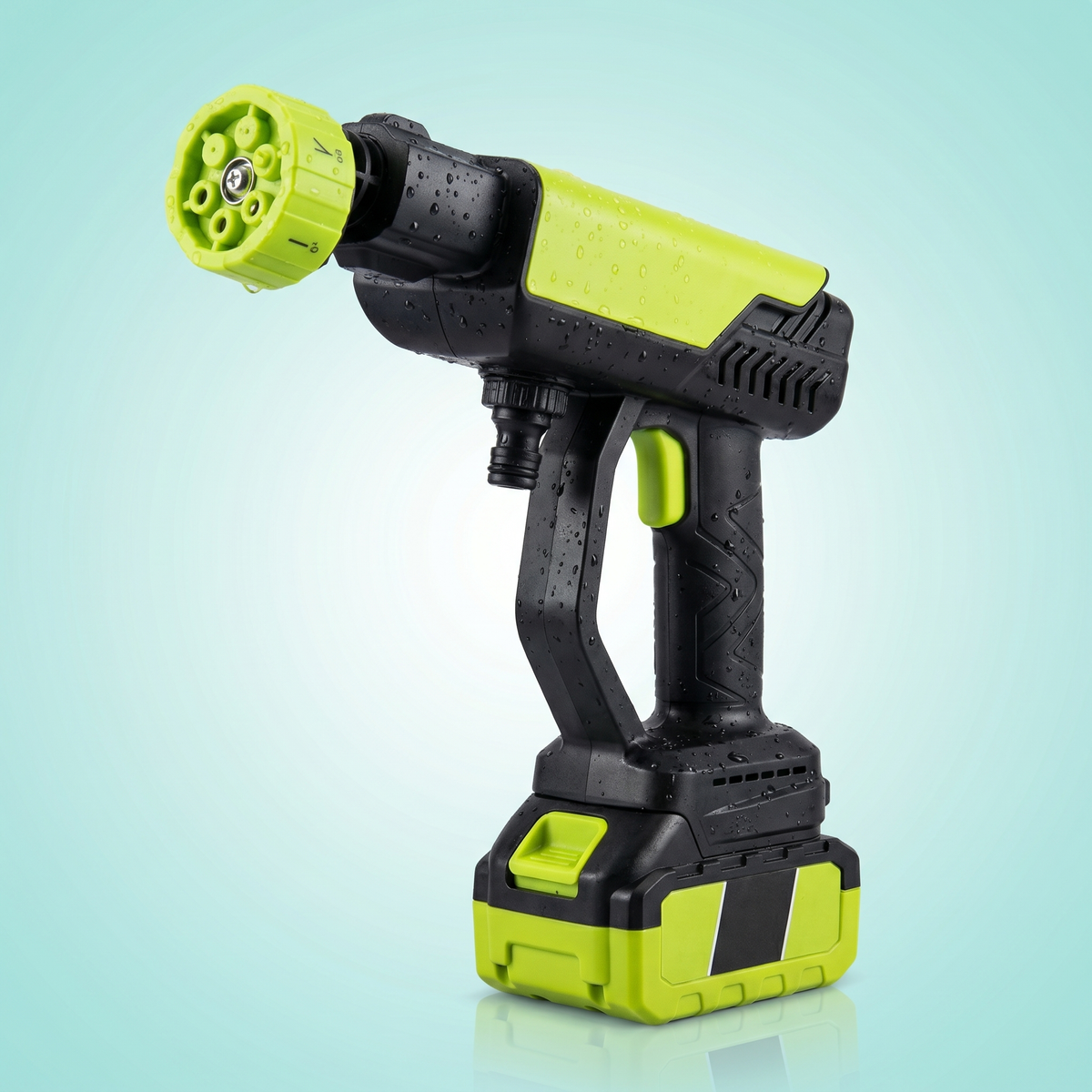 Cordless high-pressure power washer with six-hole adjustable nozzle and clip-in battery pack