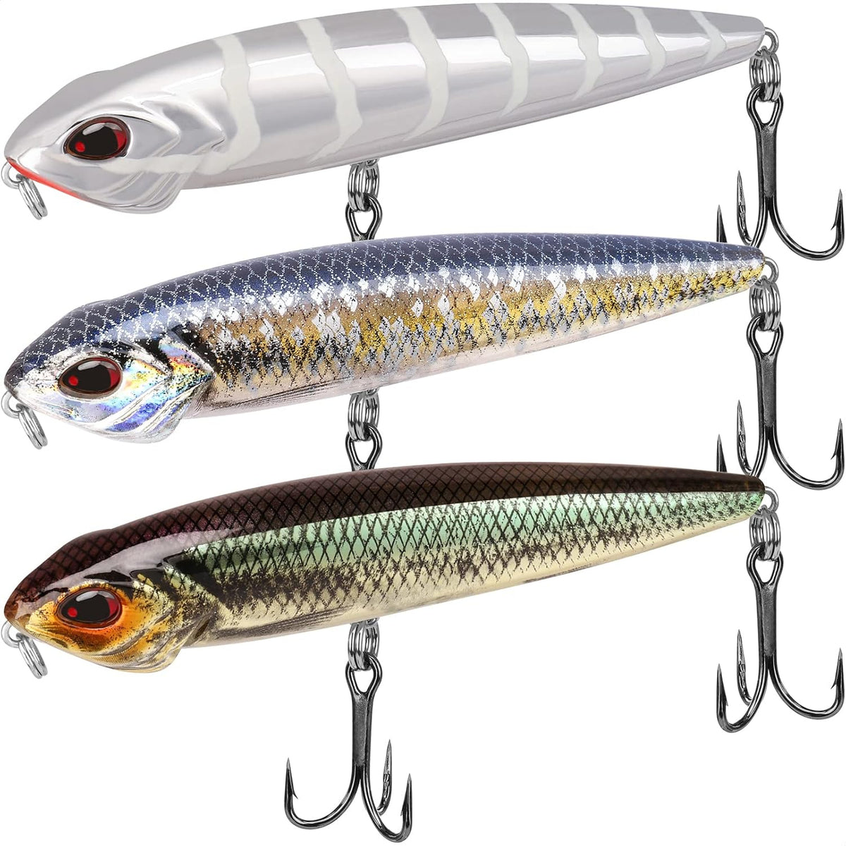 Bait Sure - Easy Catch Fishing Lure Set - Silver Shad set of three topwater lures with BKK treble hooks