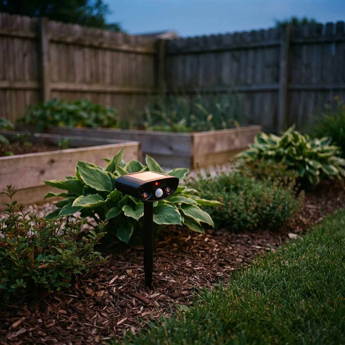 Solar Animal Repellent in a garden bed at dusk