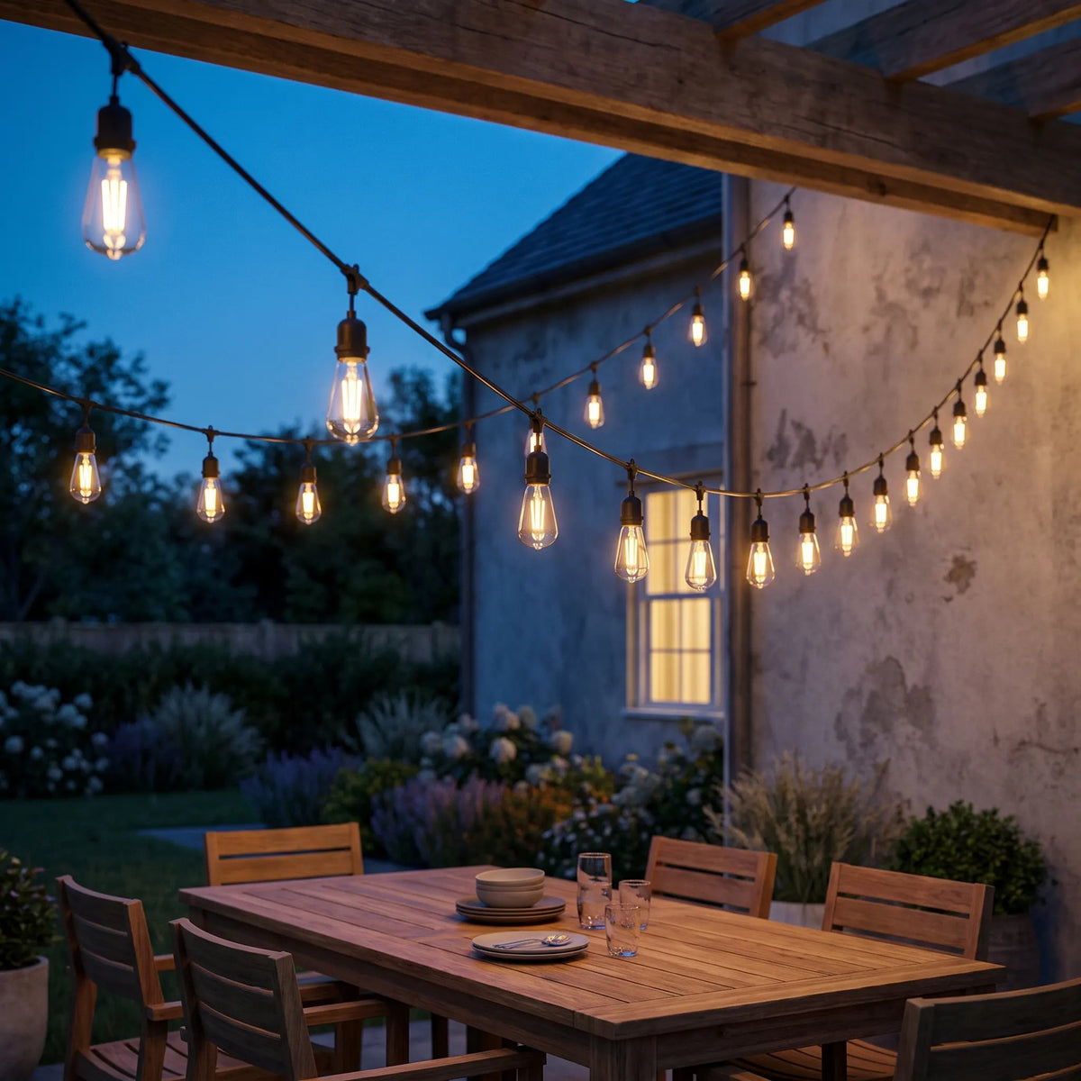 Edison bulb string lights hung above a wooden dining table on a patio at dusk, running along a pergola beam and a stone wall