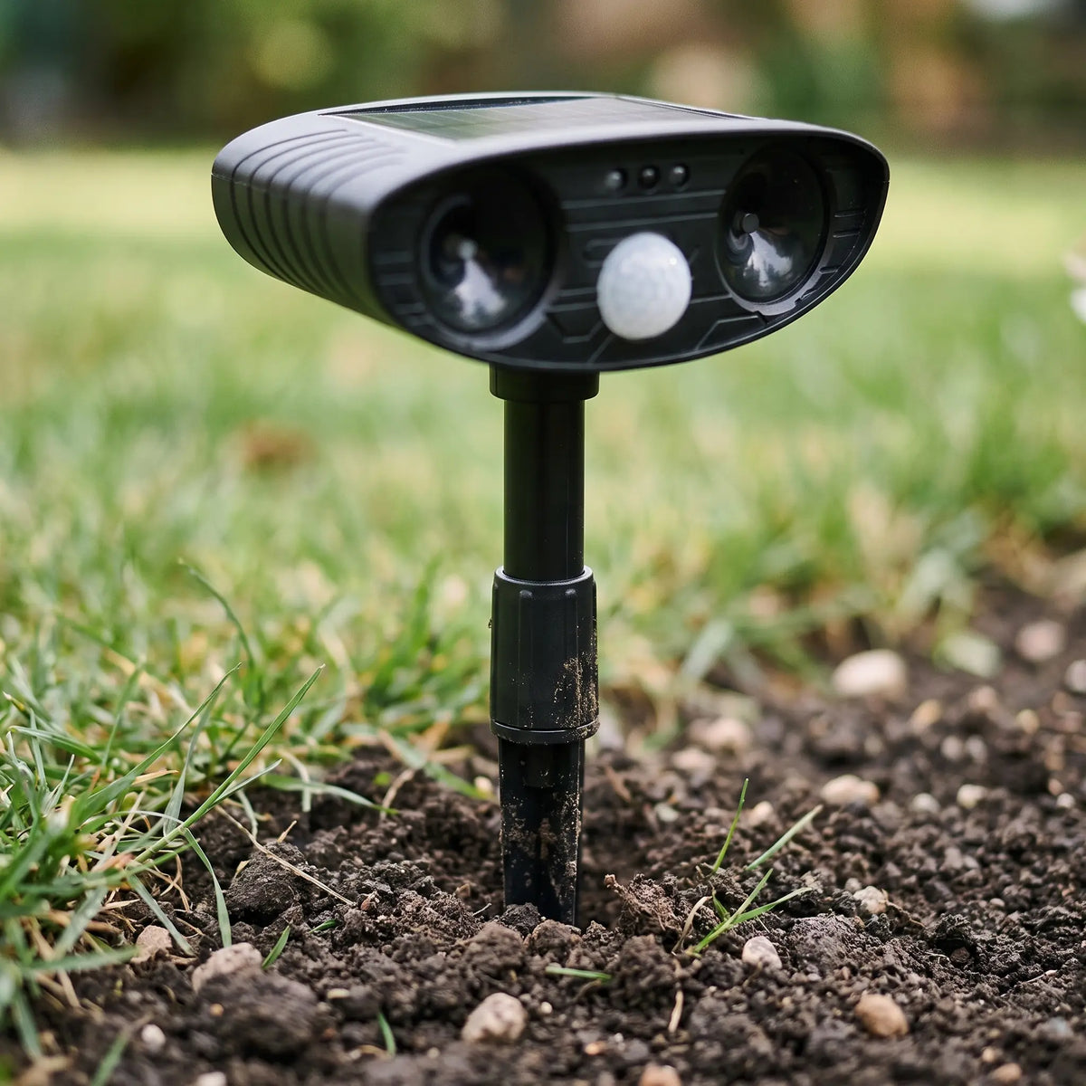 Solar Animal Repellent stake mounted in soil