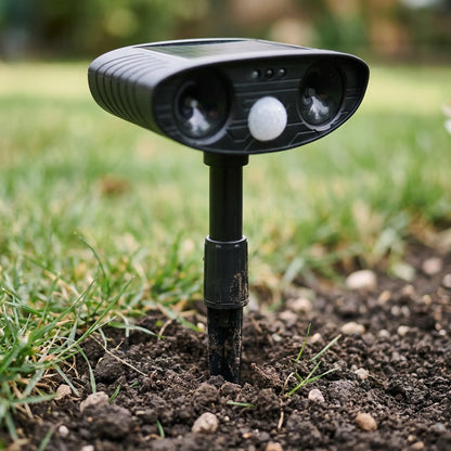 Solar Animal Repellent stake mounted in soil