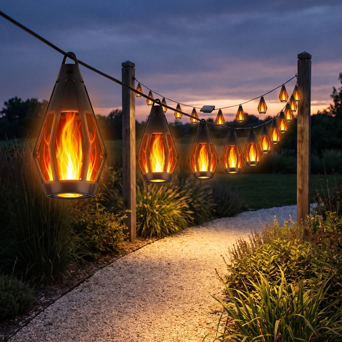Flame-effect lanterns strung between wooden posts along a gravel garden path at dusk, with the solar panel on the line