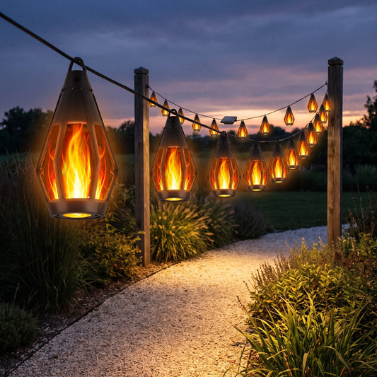 Flame-effect lanterns strung between wooden posts along a gravel garden path at dusk, with the solar panel on the line