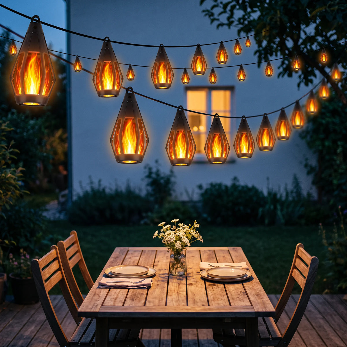 Flame lanterns swagged above a wooden dining table on a garden deck at dusk