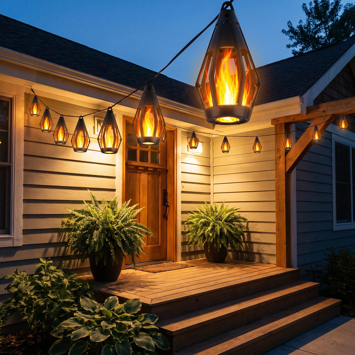 Flame lanterns hung along a front porch eave at dusk