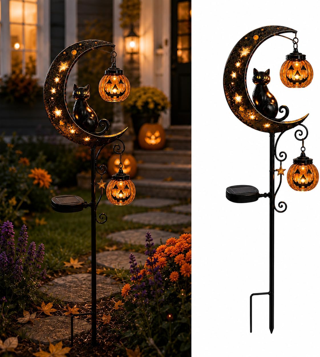 Solar Halloween Black Cat & Pumpkin Moon Garden Stake Light, Outdoor Waterproof LED Yard Decoration with Crescent Moon, Hanging Jack-o'-Lantern Lantern for Garden, Patio, Walkway, Porch(Style C)