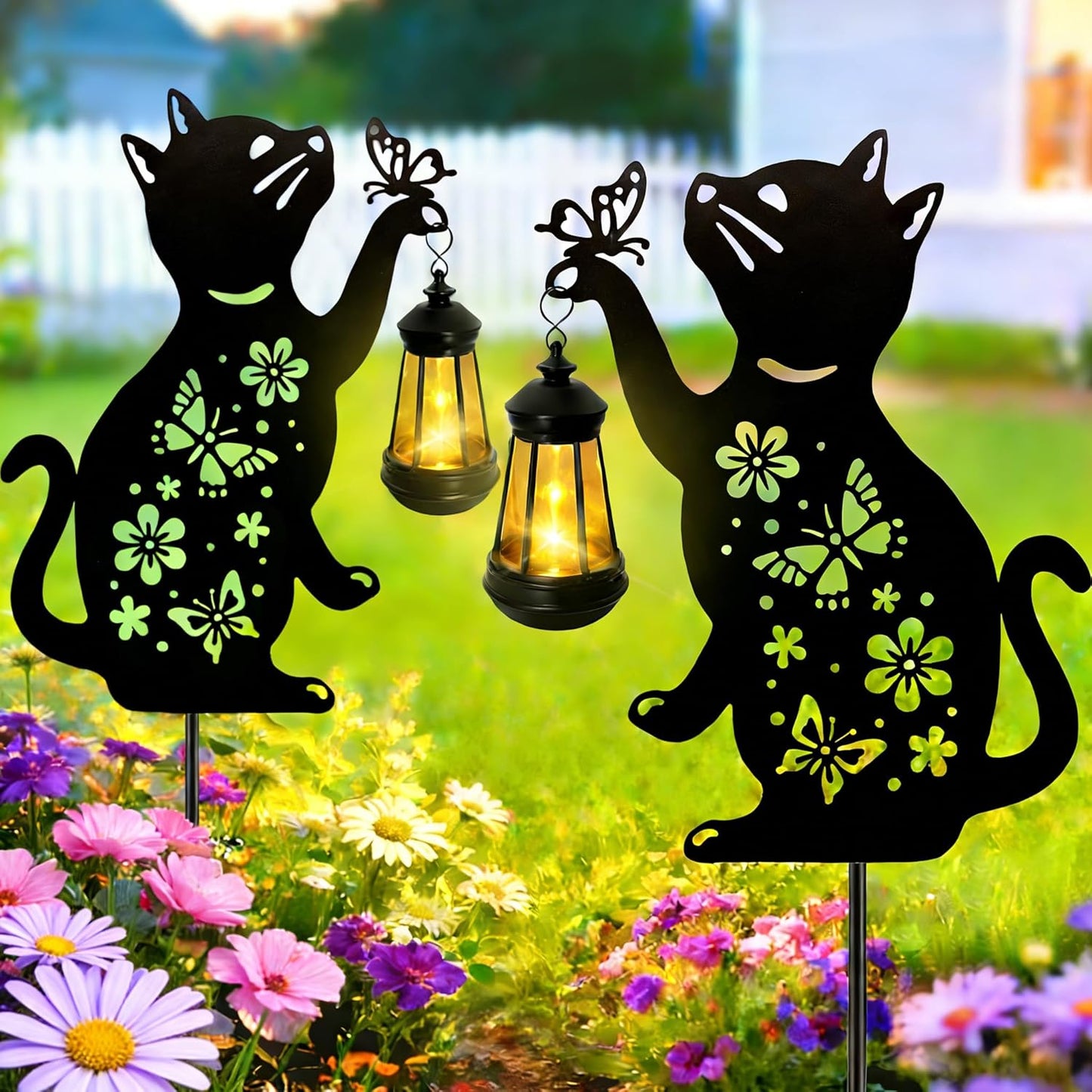 Solar Halloween Black Cat & Pumpkin Moon Garden Stake Light, Outdoor Waterproof LED Yard Decoration with Crescent Moon, Hanging Jack-o'-Lantern Lantern for Garden, Patio, Walkway, Porch(Style C)