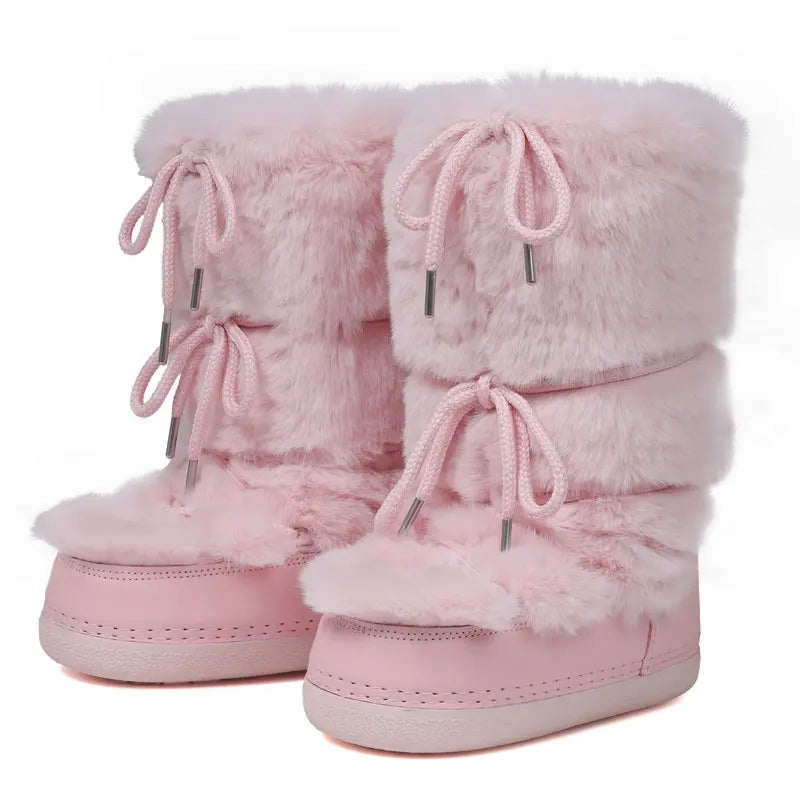 Pink faux fur mid-calf platform boots