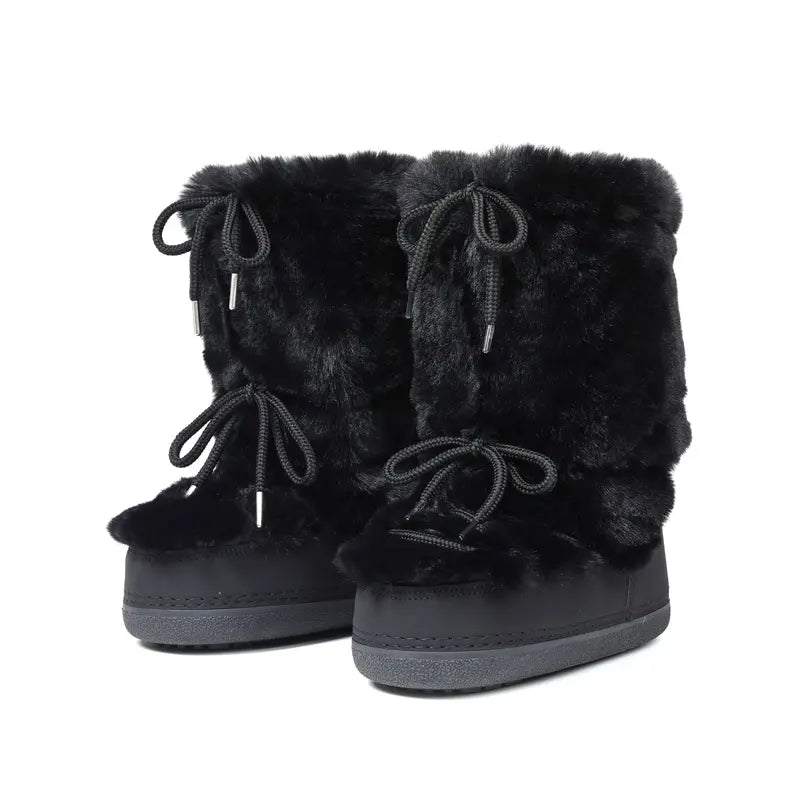 Black faux fur mid-calf platform boots
