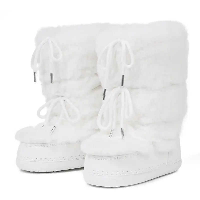 White faux fur mid-calf platform boots