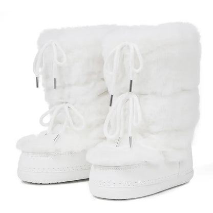 White faux fur mid-calf platform boots