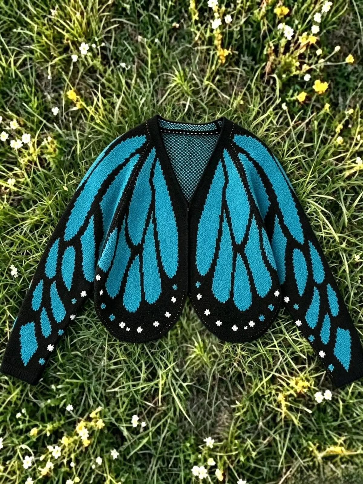 Butterfly wing knit cardigan in teal blue and black, laid flat on grass
