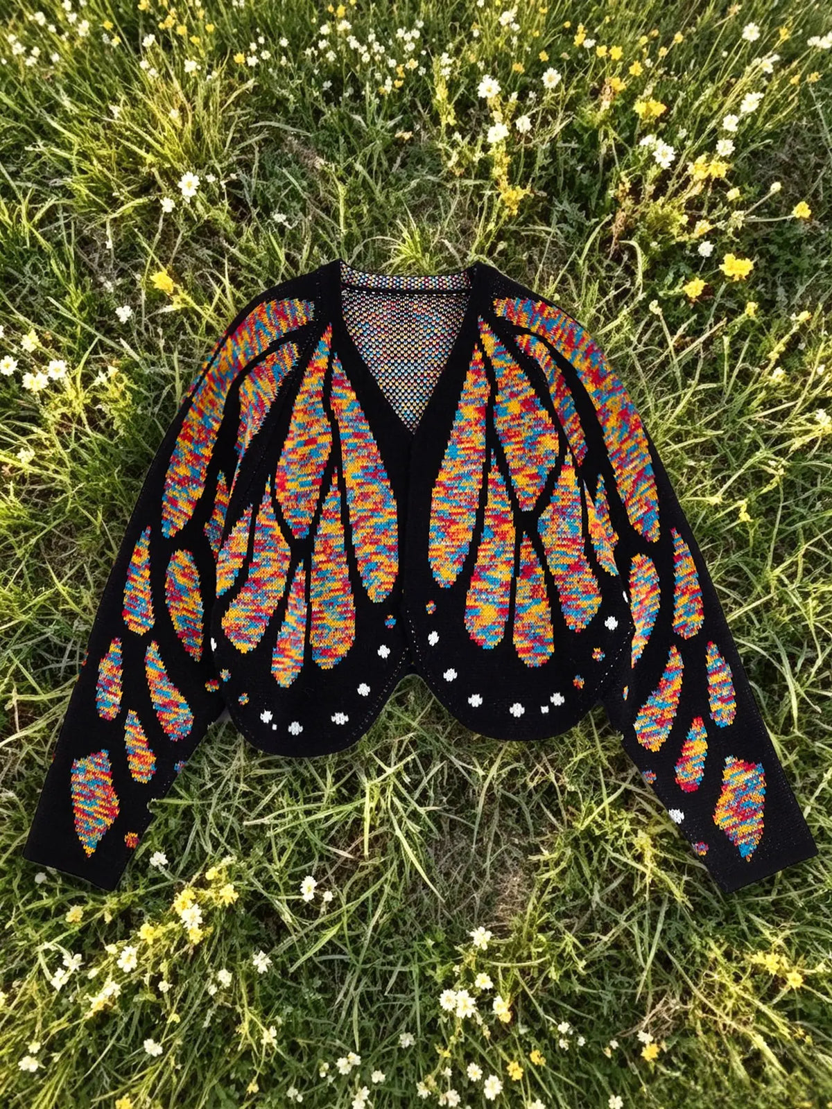 Butterfly wing knit cardigan in rainbow speckled colours on black, laid flat on grass