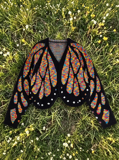 Butterfly wing knit cardigan in rainbow speckled colours on black, laid flat on grass