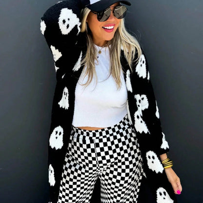 Loose Long Sleeve Shaped Collar Cardigan For Women