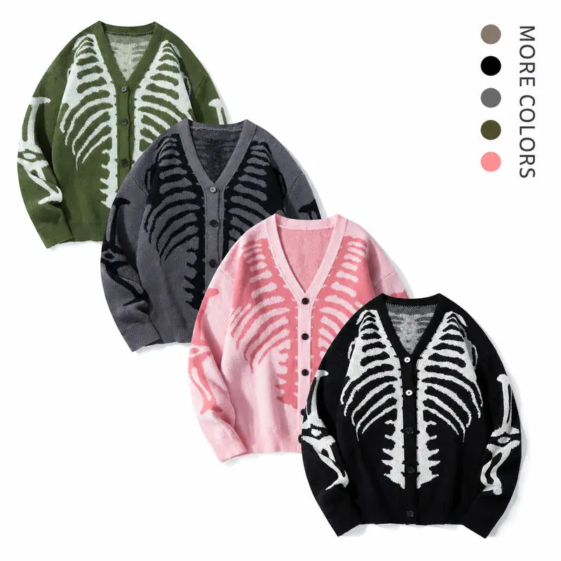 Men's Long Regular Skeleton Print Knit Cardigan - V-Neck Drop-Shoulder Button-Front Baggy Sweater for Casual Daily Wear, Fall Halloween Clothes,sohochic