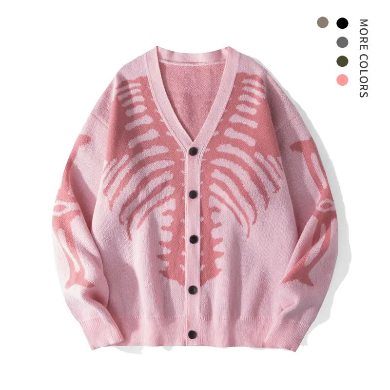Men's Long Regular Skeleton Print Knit Cardigan - V-Neck Drop-Shoulder Button-Front Baggy Sweater for Casual Daily Wear, Fall Halloween Clothes,sohochic