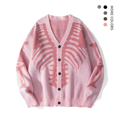 Men's Long Regular Skeleton Print Knit Cardigan - V-Neck Drop-Shoulder Button-Front Baggy Sweater for Casual Daily Wear, Fall Halloween Clothes,sohochic