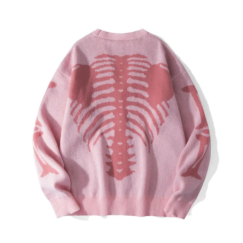 Men's Long Regular Skeleton Print Knit Cardigan - V-Neck Drop-Shoulder Button-Front Baggy Sweater for Casual Daily Wear, Fall Halloween Clothes,sohochic