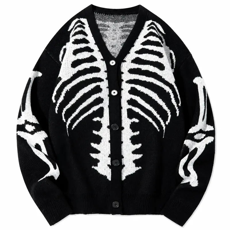 Men's Long Regular Skeleton Print Knit Cardigan - V-Neck Drop-Shoulder Button-Front Baggy Sweater for Casual Daily Wear, Fall Halloween Clothes,sohochic