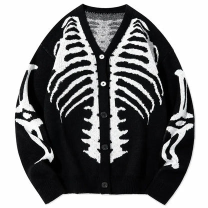 Men's Long Regular Skeleton Print Knit Cardigan - V-Neck Drop-Shoulder Button-Front Baggy Sweater for Casual Daily Wear, Fall Halloween Clothes,sohochic