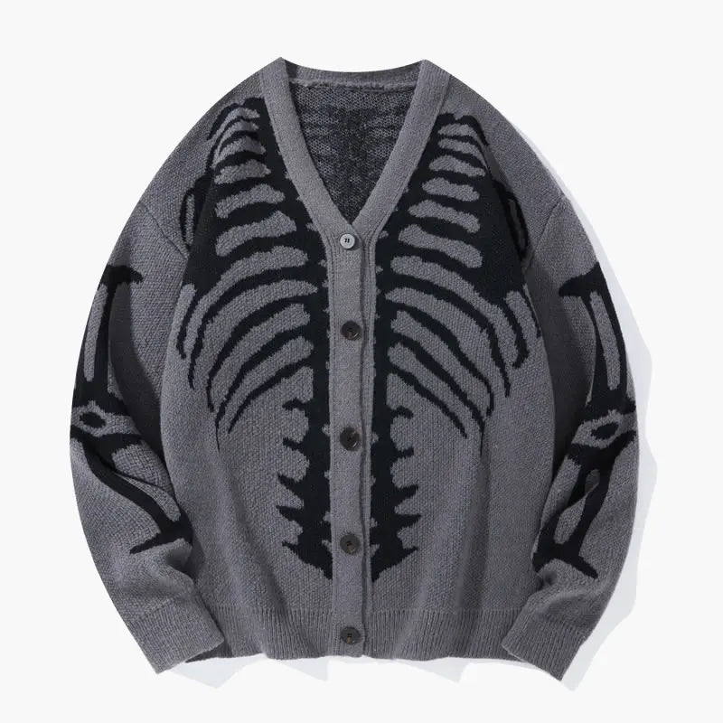 Men's Long Regular Skeleton Print Knit Cardigan - V-Neck Drop-Shoulder Button-Front Baggy Sweater for Casual Daily Wear, Fall Halloween Clothes,sohochic