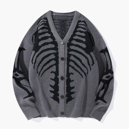 Men's Long Regular Skeleton Print Knit Cardigan - V-Neck Drop-Shoulder Button-Front Baggy Sweater for Casual Daily Wear, Fall Halloween Clothes,sohochic