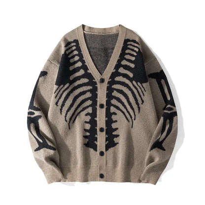 Men's Long Regular Skeleton Print Knit Cardigan - V-Neck Drop-Shoulder Button-Front Baggy Sweater for Casual Daily Wear, Fall Halloween Clothes,sohochic