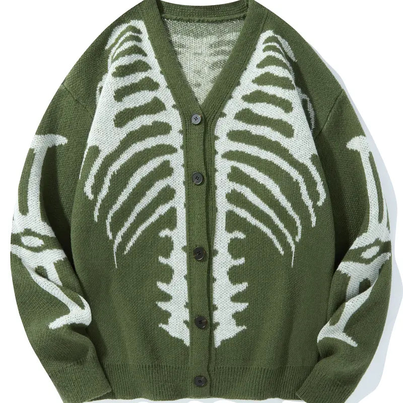 Men's Long Regular Skeleton Print Knit Cardigan - V-Neck Drop-Shoulder Button-Front Baggy Sweater for Casual Daily Wear, Fall Halloween Clothes,sohochic