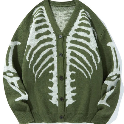 Men's Long Regular Skeleton Print Knit Cardigan - V-Neck Drop-Shoulder Button-Front Baggy Sweater for Casual Daily Wear, Fall Halloween Clothes,sohochic