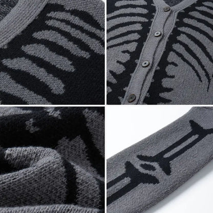 Men's Long Regular Skeleton Print Knit Cardigan - V-Neck Drop-Shoulder Button-Front Baggy Sweater for Casual Daily Wear, Fall Halloween Clothes,sohochic