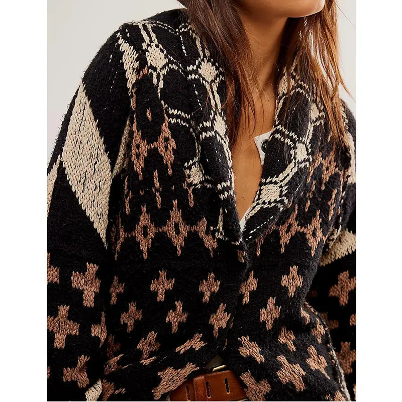 SCUSTY Women's Autumn Sweater Cardigans Graphic Button Down Collar Knitwear Long Sleeves Y2K Oversized Print Coat SohoChic