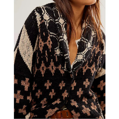 SCUSTY Women's Autumn Sweater Cardigans Graphic Button Down Collar Knitwear Long Sleeves Y2K Oversized Print Coat SohoChic