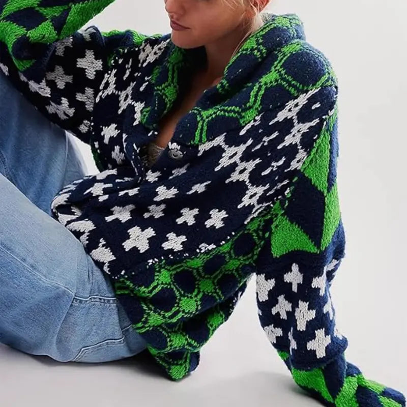 SCUSTY Women's Autumn Sweater Cardigans Graphic Button Down Collar Knitwear Long Sleeves Y2K Oversized Print Coat SohoChic