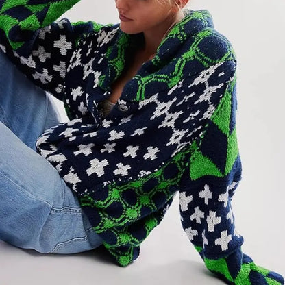 SCUSTY Women's Autumn Sweater Cardigans Graphic Button Down Collar Knitwear Long Sleeves Y2K Oversized Print Coat SohoChic