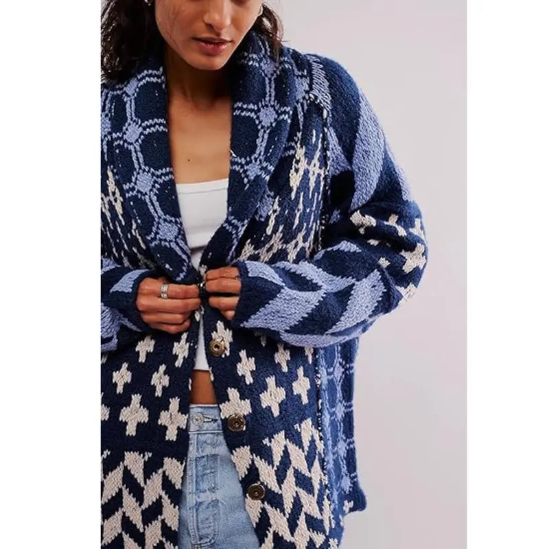SCUSTY Women's Autumn Sweater Cardigans Graphic Button Down Collar Knitwear Long Sleeves Y2K Oversized Print Coat SohoChic