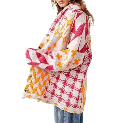 SCUSTY Women's Autumn Sweater Cardigans Graphic Button Down Collar Knitwear Long Sleeves Y2K Oversized Print Coat SohoChic