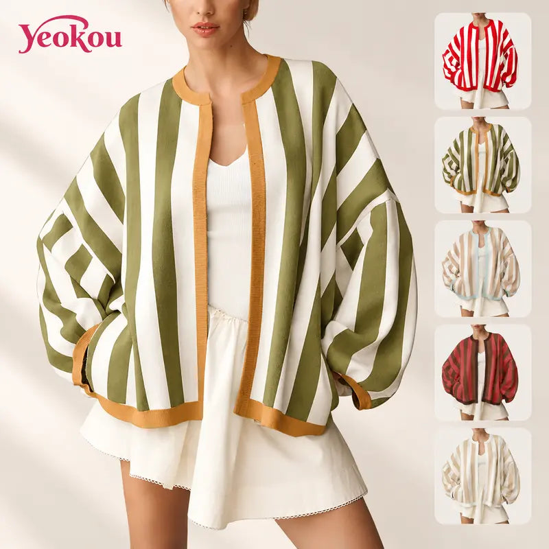 Yeokou  Women’s Oversized Striped Knit Cardigan Open Front Balloon Sleeve Sweater Jacket Contrast Trim Casual Fall Outerwear