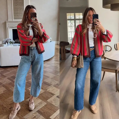 Yeokou  Women’s Oversized Striped Knit Cardigan Open Front Balloon Sleeve Sweater Jacket Contrast Trim Casual Fall Outerwear