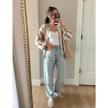 Yeokou  Women’s Oversized Striped Knit Cardigan Open Front Balloon Sleeve Sweater Jacket Contrast Trim Casual Fall Outerwear