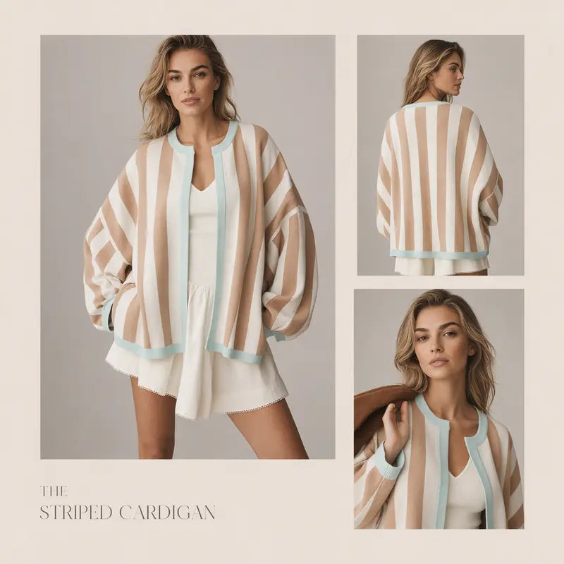 Yeokou  Women’s Oversized Striped Knit Cardigan Open Front Balloon Sleeve Sweater Jacket Contrast Trim Casual Fall Outerwear