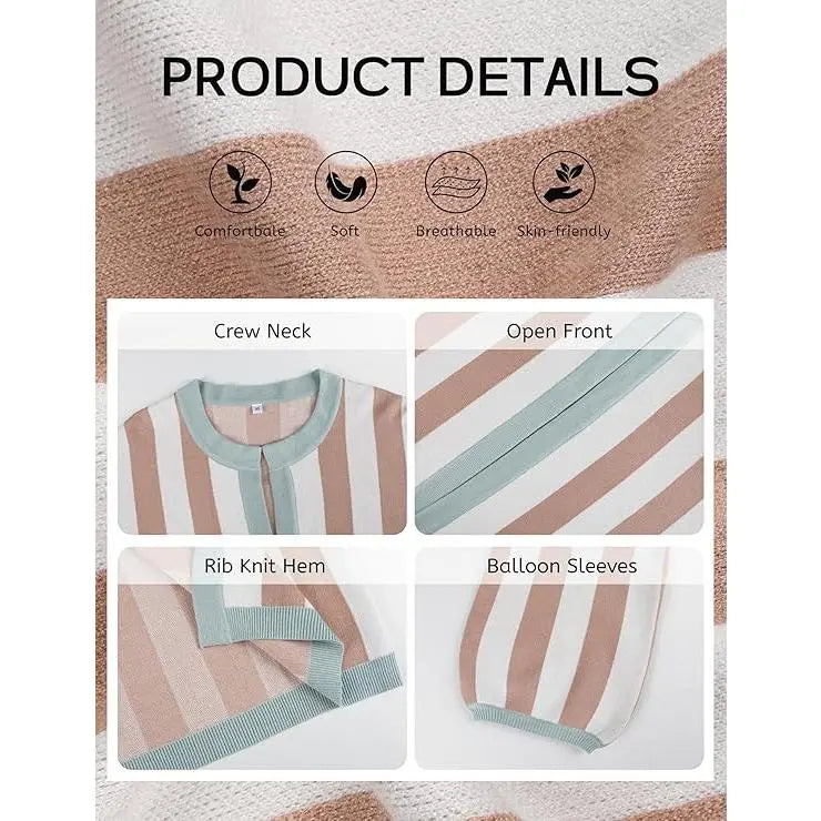 Yeokou  Women’s Oversized Striped Knit Cardigan Open Front Balloon Sleeve Sweater Jacket Contrast Trim Casual Fall Outerwear