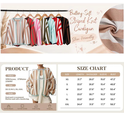 Yeokou  Women’s Oversized Striped Knit Cardigan Open Front Balloon Sleeve Sweater Jacket Contrast Trim Casual Fall Outerwear