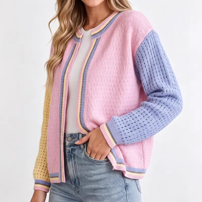 Shewin Women's Knitwear Cardigan - Casual Recycled Polyester, Color-Block Patchwork, Round Neck, Drop-Shoulder, Long-Sleeve, Loose Fit, Regular-Length, Open-Front, Hollow Knit Cold Wash Longsleeves Top,sohochic