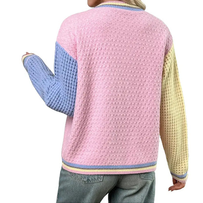 Shewin Women's Knitwear Cardigan - Casual Recycled Polyester, Color-Block Patchwork, Round Neck, Drop-Shoulder, Long-Sleeve, Loose Fit, Regular-Length, Open-Front, Hollow Knit Cold Wash Longsleeves Top,sohochic