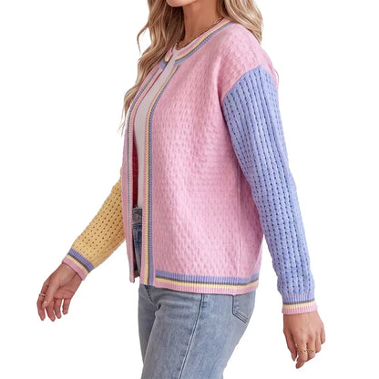 Shewin Women's Knitwear Cardigan - Casual Recycled Polyester, Color-Block Patchwork, Round Neck, Drop-Shoulder, Long-Sleeve, Loose Fit, Regular-Length, Open-Front, Hollow Knit Cold Wash Longsleeves Top,sohochic